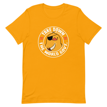 A stamp-like design featuring a fearless duck wearing an eyepatch and wielding a sword, with the words “Take Down The World Govt.” written around it. This artwork represents rebellion and independence for those who refuse to follow rules . Ideal for free-spirited people, pirate adventures appreciators, duck lovers or those who simply enjoy unique and irreverent art.