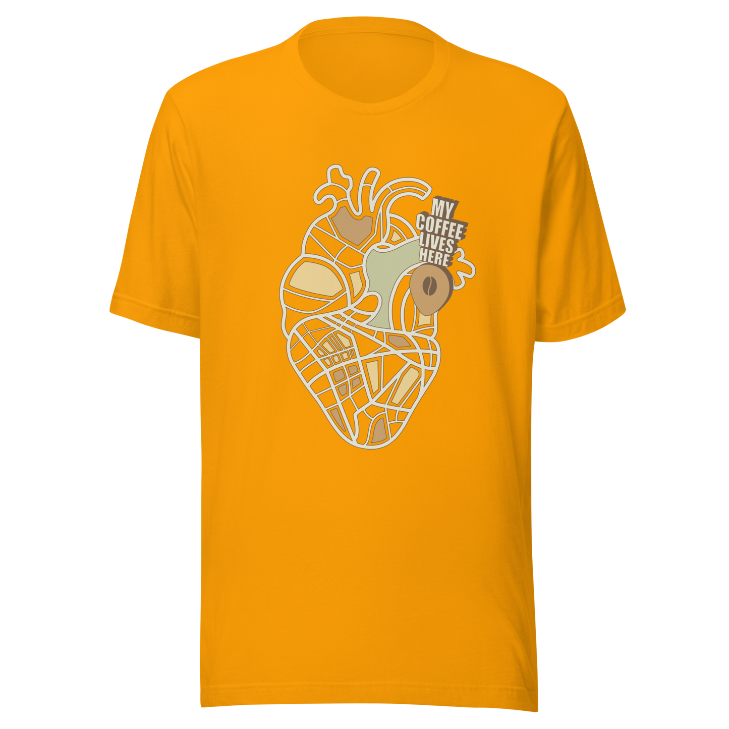 An anatomical heart illustrated like a map, marked with a small coffee-bean pin beside the phrase “My Coffee Lives Here”. A symbolic and cozy design that blends warmth and creativity, perfect for coffee lovers who treat their favorite brew as the fuel that keeps their heart beating.