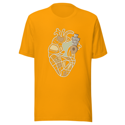 An anatomical heart illustrated like a map, marked with a small coffee-bean pin beside the phrase “My Coffee Lives Here”. A symbolic and cozy design that blends warmth and creativity, perfect for coffee lovers who treat their favorite brew as the fuel that keeps their heart beating.