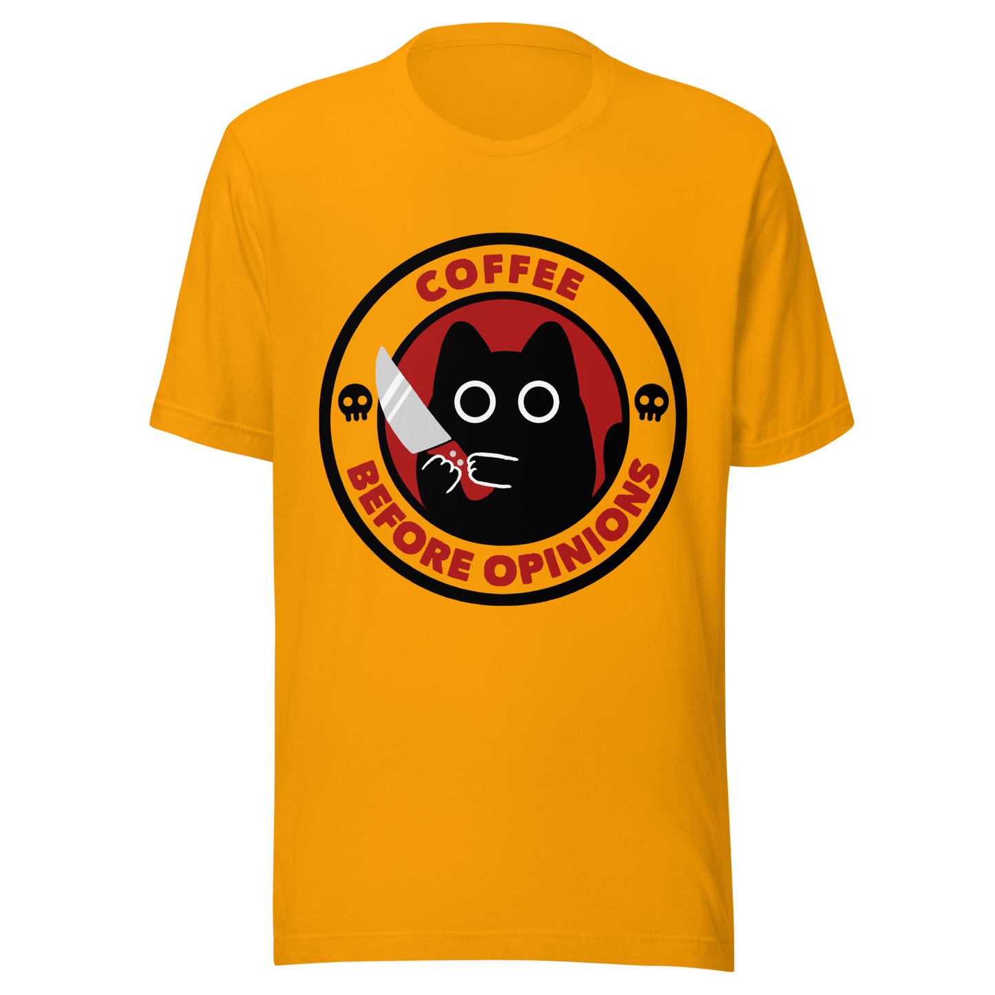 The illustration, in shades of red and black, features a wide-eyed black kitten holding a knife at the centre. Surrounding the cat is the phrase ‘Coffee Before Opinions’. A fun and cheeky gift for those who love cats and can’t function without their coffee.