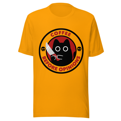 The illustration, in shades of red and black, features a wide-eyed black kitten holding a knife at the centre. Surrounding the cat is the phrase ‘Coffee Before Opinions’. A fun and cheeky gift for those who love cats and can’t function without their coffee.