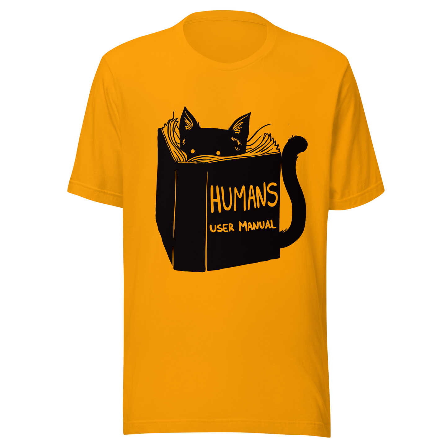A kitten peeking out from behind a huge book titled "Humans: User Manual". This design plays on the idea that cats are trying to figure out how to control us. Perfect for cat lovers, book fans, and anyone who enjoys lighthearted humor in prints.