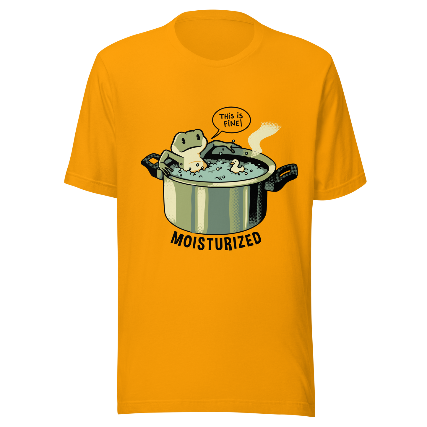 A relaxing frog enjoys a bath in a pot of boiling water while calmly saying, “This is fine”. This artwork combines sarcastic humor with an unexpectedly relaxed vibe. Perfect for frog lovers, memes, irony, and a touch of playful absurdity.