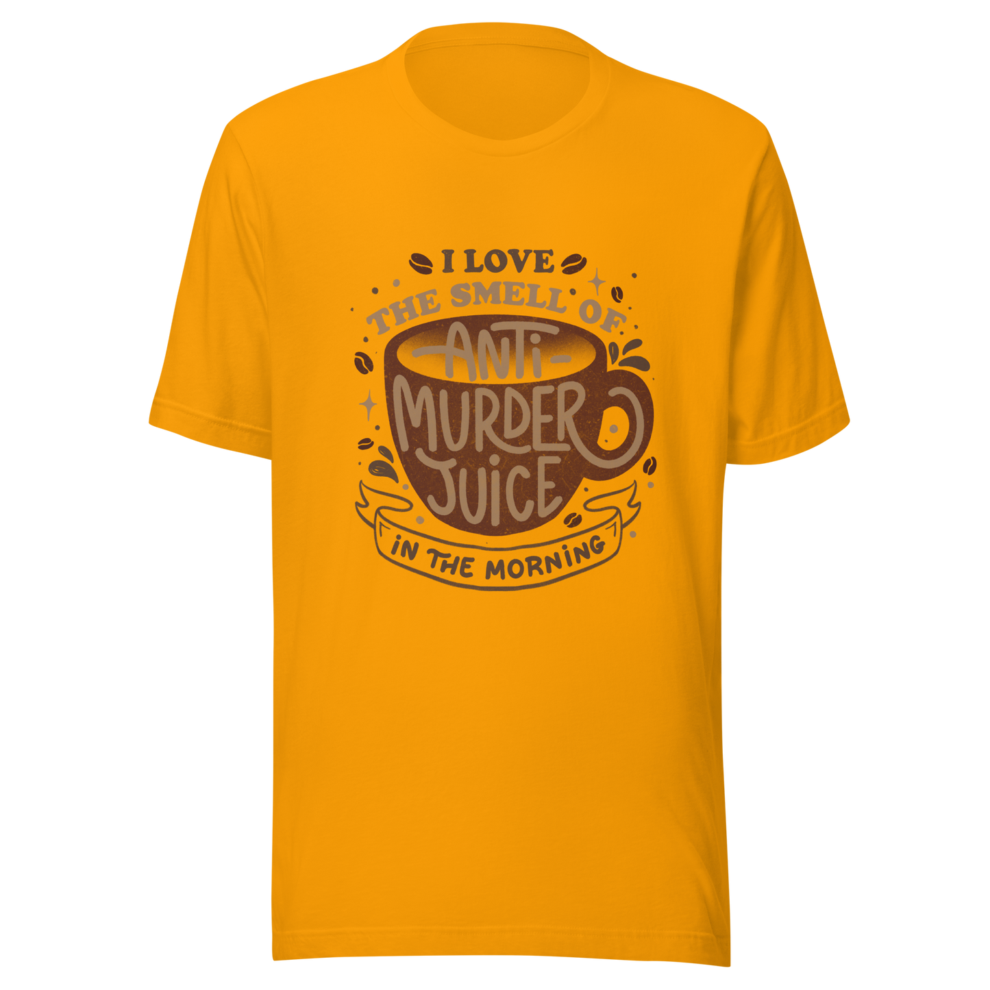 The artwork features a stylized mug in earthy tones with the lettering "I love the smell of anti-murder juice in the morning", creating a strong and well-defined visual. The art transforms coffee into the famous "anti-murder juice", playfully referencing the acidic humor of those who only function after caffeine. Ideal for coffee lovers, those who appreciate retro design, expressive lettering, and humorous prints.