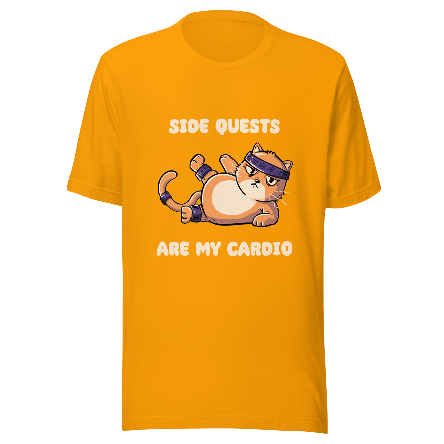 An orange kitten in gym clothes doing an aerobic workout, paired with the phrase ‘Side Quests Are My Cardio Gym Cat’. A humorous design that mixes cats, gaming vibes and fitness irony, perfect for those who prefer playful side quests over serious workouts.