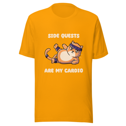An orange kitten in gym clothes doing an aerobic workout, paired with the phrase ‘Side Quests Are My Cardio Gym Cat’. A humorous design that mixes cats, gaming vibes and fitness irony, perfect for those who prefer playful side quests over serious workouts.