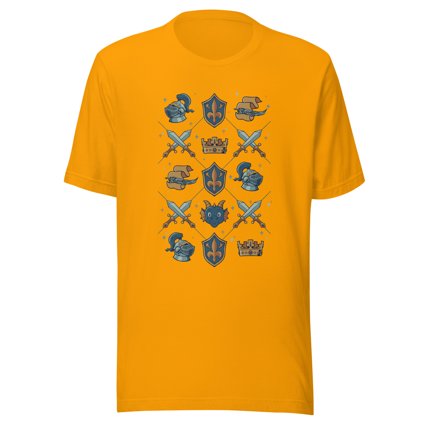 The artwork features swords, knight's helmets, crowns and dragons. Blending medieval fantasy with classic symbols of bravery, royalty, and magic, creating a strong and elegant composition. Ideal for fans of epic fantasy, knights, dragons, and anyone who loves prints with a heroic and stylish vibe.