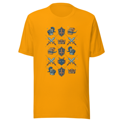 The artwork features swords, knight's helmets, crowns and dragons. Blending medieval fantasy with classic symbols of bravery, royalty, and magic, creating a strong and elegant composition. Ideal for fans of epic fantasy, knights, dragons, and anyone who loves prints with a heroic and stylish vibe.
