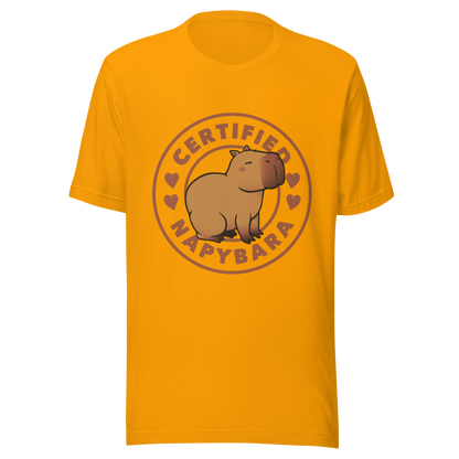 An art piece in warm beige and brown tones featuring a relaxed, sleepy capybara sitting peacefully beside the phrase “Certified Napybara”. A cozy, humorous design perfect for anyone who relates to slow days, loves capybaras, and fully embraces the art of taking naps.