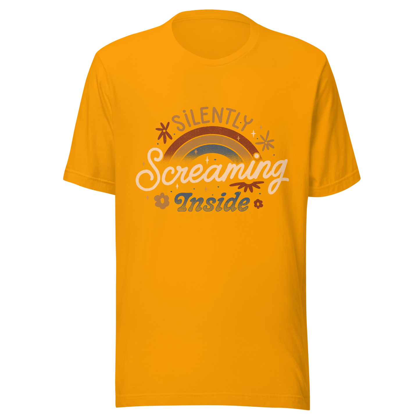 A fun and cute lettering design with a rainbow in the background and the phrase ‘Silently Screaming Inside’. The contrast between cheerful visuals and dark humour makes it perfect for those who cope with irony and sarcasm.