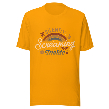 A fun and cute lettering design with a rainbow in the background and the phrase ‘Silently Screaming Inside’. The contrast between cheerful visuals and dark humour makes it perfect for those who cope with irony and sarcasm.