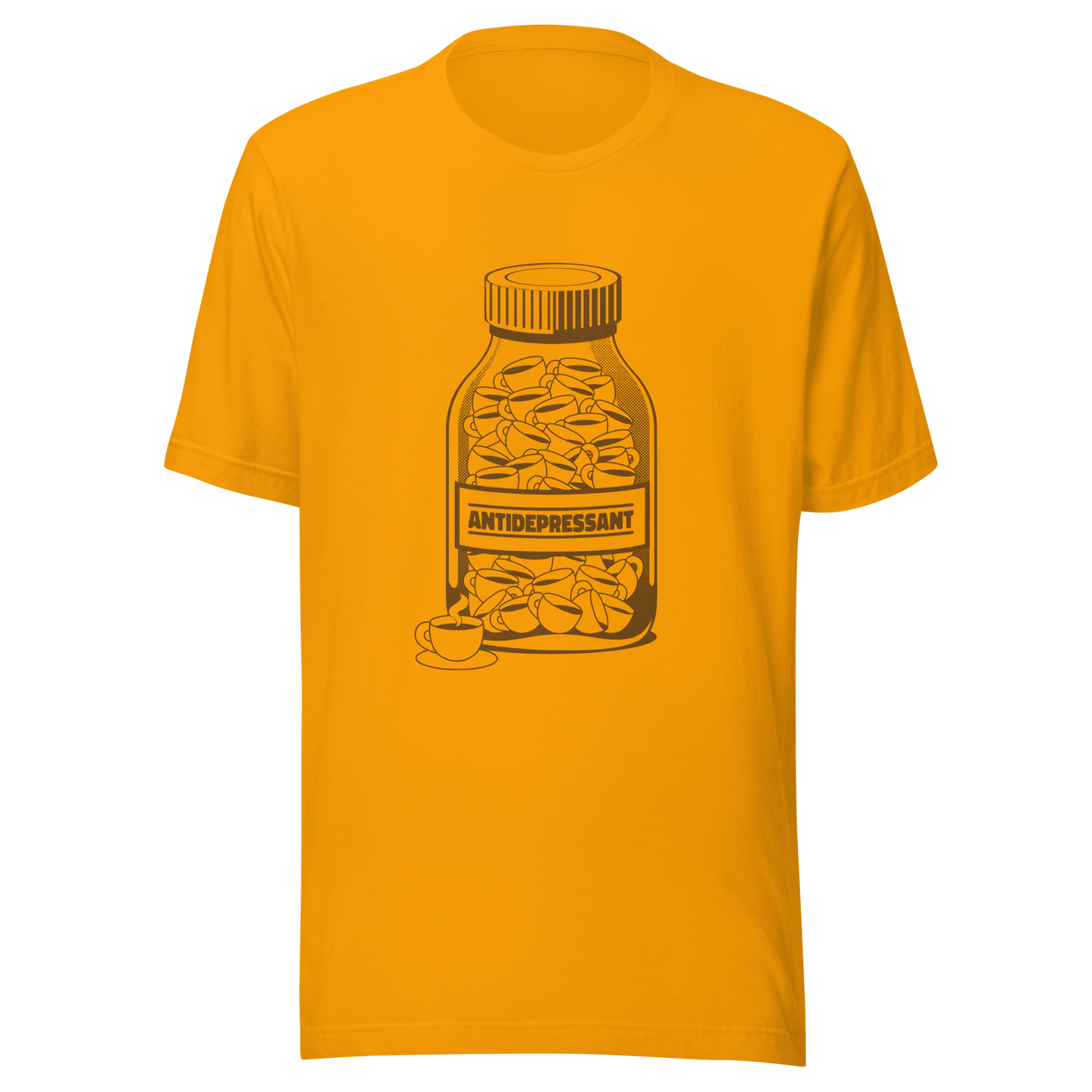 A medicine bottle filled with small coffee cups, labeled ‘antidepressant’. A playful, humorous design that celebrates coffee as a daily mood booster, perfect for coffee lovers who rely on caffeine to feel happier.