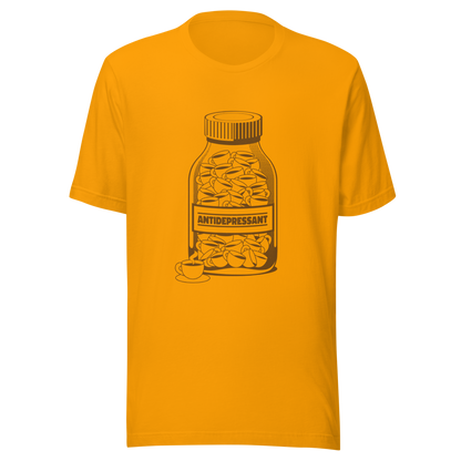 A medicine bottle filled with small coffee cups, labeled ‘antidepressant’. A playful, humorous design that celebrates coffee as a daily mood booster, perfect for coffee lovers who rely on caffeine to feel happier.