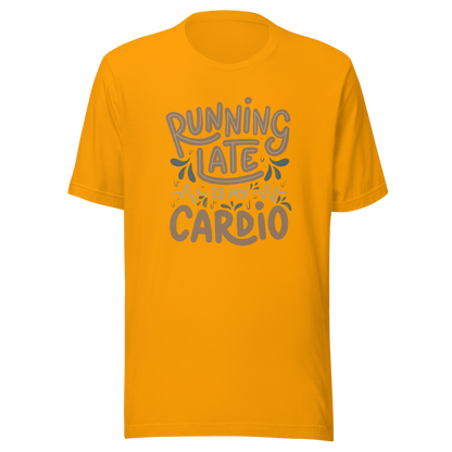 A playful hand-lettered typography design featuring the phrase “Running Late Is My Cardio,” with heartbeat lines and dynamic accents on the background. The artwork jokes that being late is the only form of exercise, poking fun at rushed mornings and chaotic routines with lighthearted humor. Ideal for chronically late people and anyone who loves good humor.