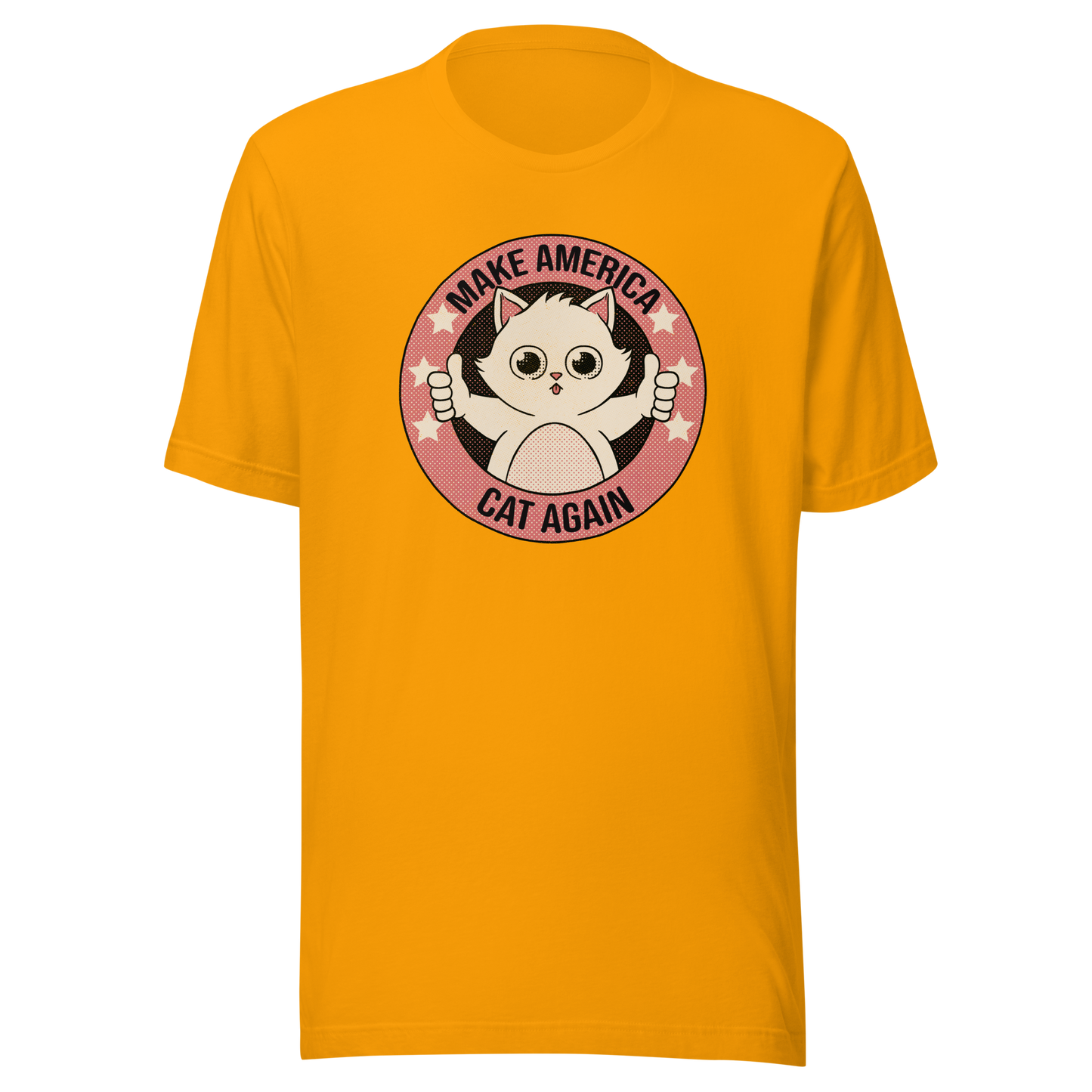 A stamp-style illustration of a cute kitten giving a two-finger thumbs-up, paired with the humorous phrase “Make America Cat Again”. A fun, ironic design for cat lovers and fans of playful pop culture art.