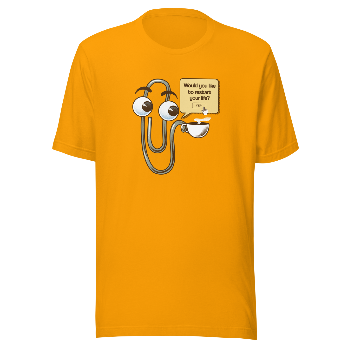 A playful paperclip character holding a cup of coffee with the phrase ‘You Look Like You Need a Coffee’. A witty, nostalgic design perfect for coffee lovers and fans of retro tech humour.