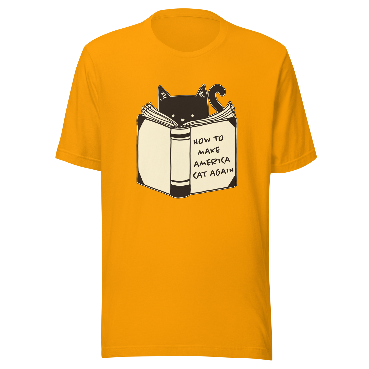 A minimalist illustration of a cat reading a book titled “How to Make America Cat Again”. A clean, witty design that blends feline charm with ironic humor, perfect for cat lovers and fans of clever, minimalist art.