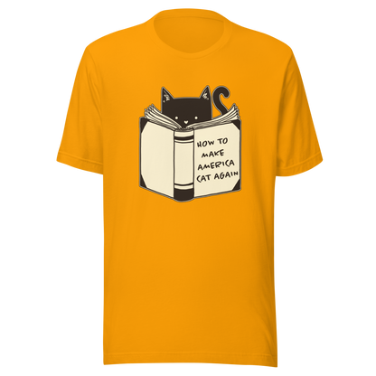A minimalist illustration of a cat reading a book titled “How to Make America Cat Again”. A clean, witty design that blends feline charm with ironic humor, perfect for cat lovers and fans of clever, minimalist art.