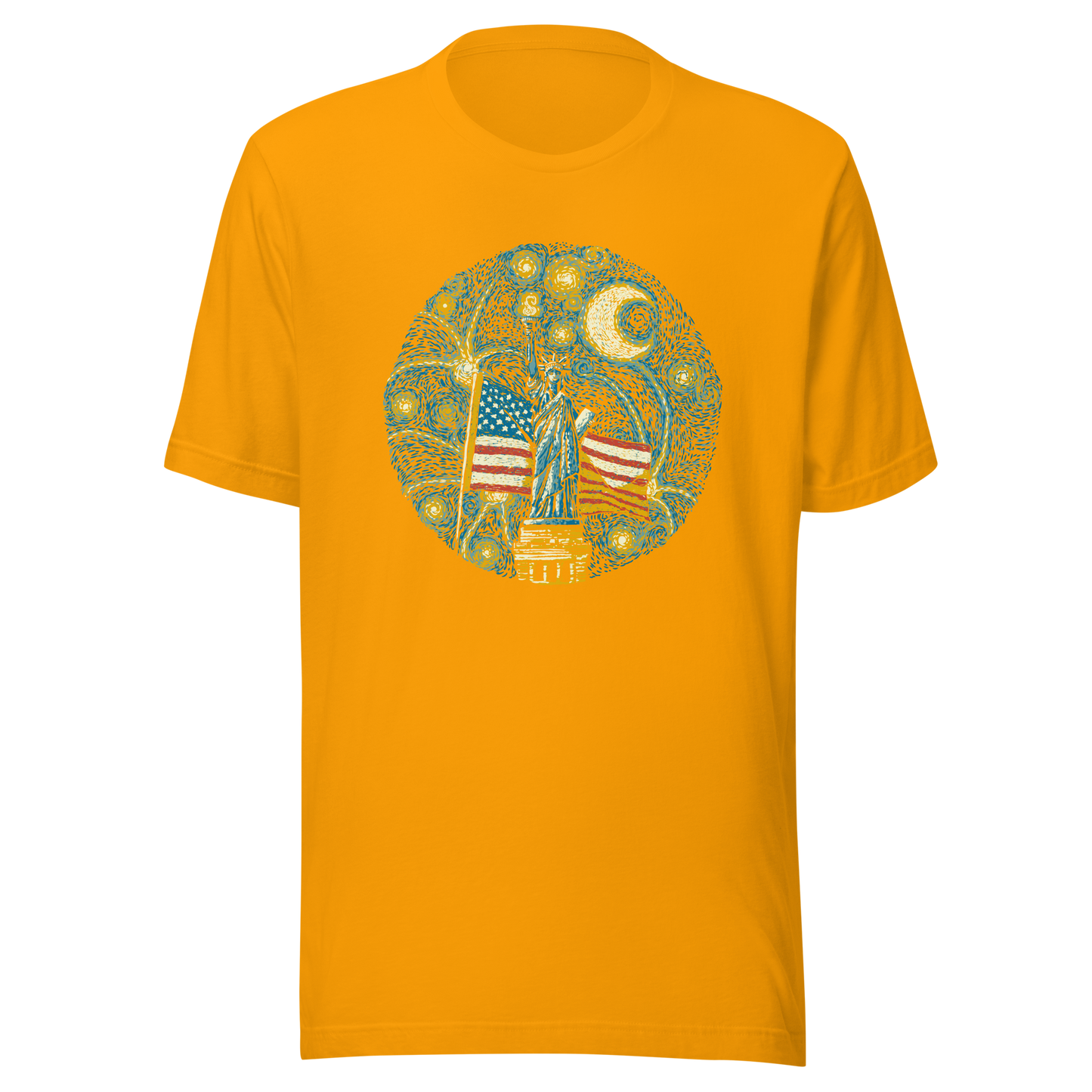 An Impressionist-style artwork inspired by Van Gogh, featuring the Statue of Liberty under a swirling starry sky with the United States flag in the background. A symbolic fusion of liberty, patriotism, night sky, and expressive oil painting style, inspired by Van Gogh aesthetics.