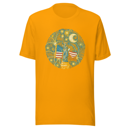 An Impressionist-style artwork inspired by Van Gogh, featuring the Statue of Liberty under a swirling starry sky with the United States flag in the background. A symbolic fusion of liberty, patriotism, night sky, and expressive oil painting style, inspired by Van Gogh aesthetics.