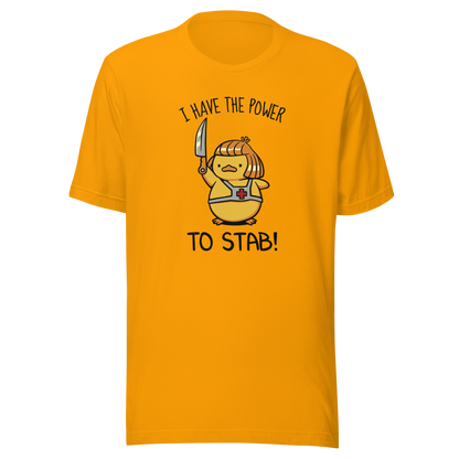 An illustration of a duck inspired by a classic '80s fantasy cartoon hero, dramatically holding a knife like a legendary sword beneath the phrase "I Have The Power To Stab." A fun parody design for fans of retro cartoons, nostalgic pop culture, fantasy adventures, and absurd animal humour.