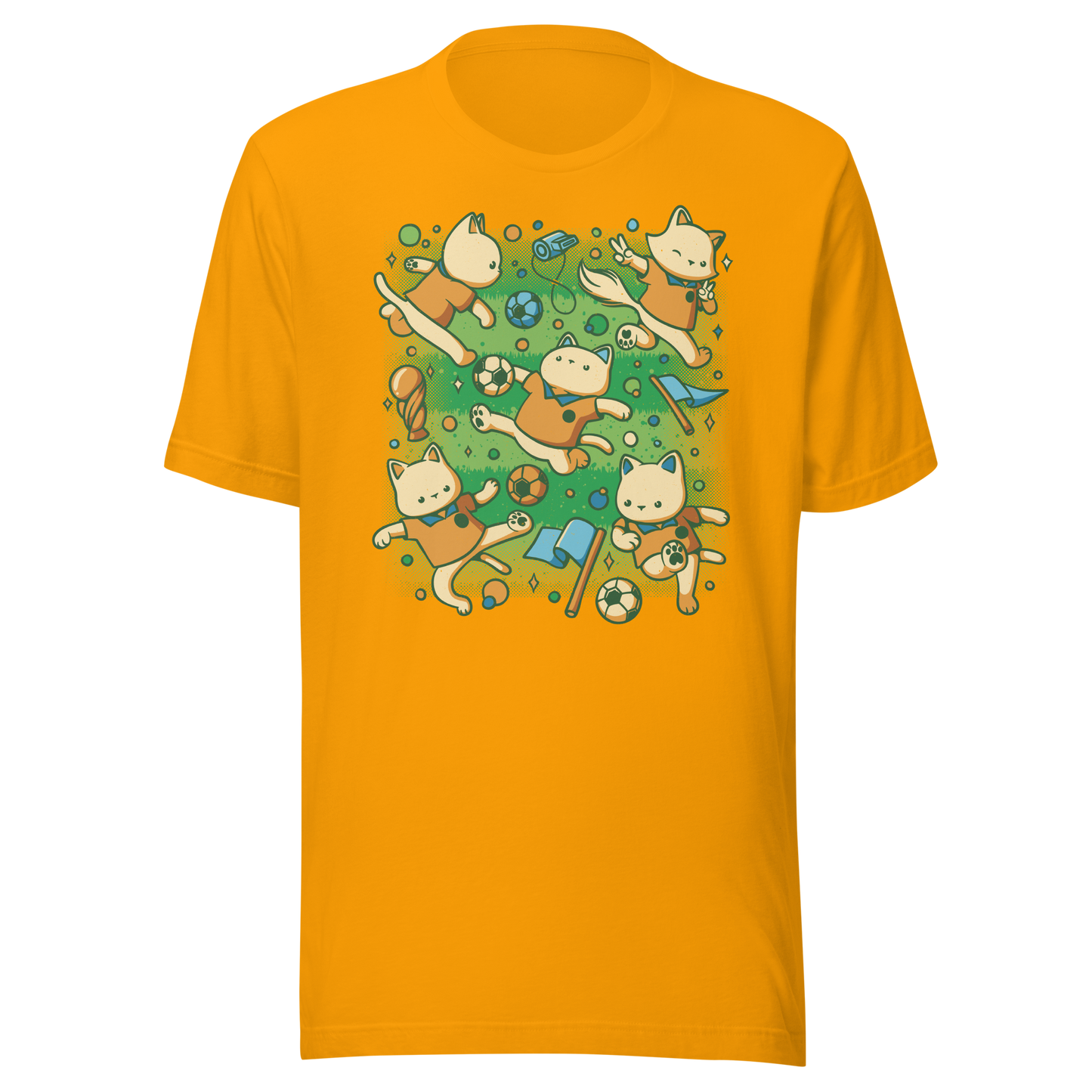 An artwork featuring several cats in soccer uniforms kicking a ball, surrounded by trophies, flags, and other football-inspired elements. A playful design perfect for cat lovers, soccer fans, and anyone who enjoys whimsical sports-themed art.