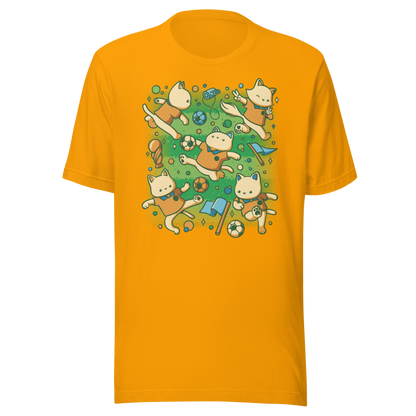 An artwork featuring several cats in soccer uniforms kicking a ball, surrounded by trophies, flags, and other football-inspired elements. A playful design perfect for cat lovers, soccer fans, and anyone who enjoys whimsical sports-themed art.
