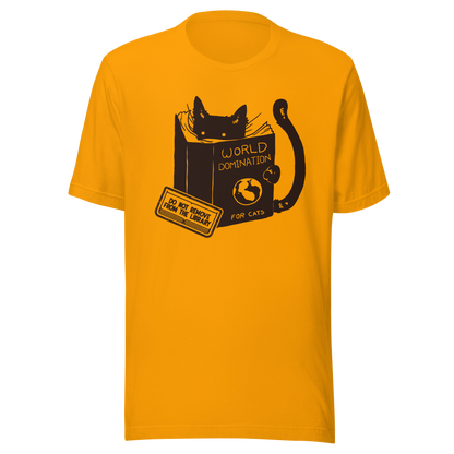 A minimalist illustration of a black kitten reading a book titled “World Domination for Cats,” featuring a humorous “Do Not Remove From Library” sticker. A playful artwork that captures the clever and ambitious nature of cats, perfect for cat lovers and fans of witty minimalist designs.