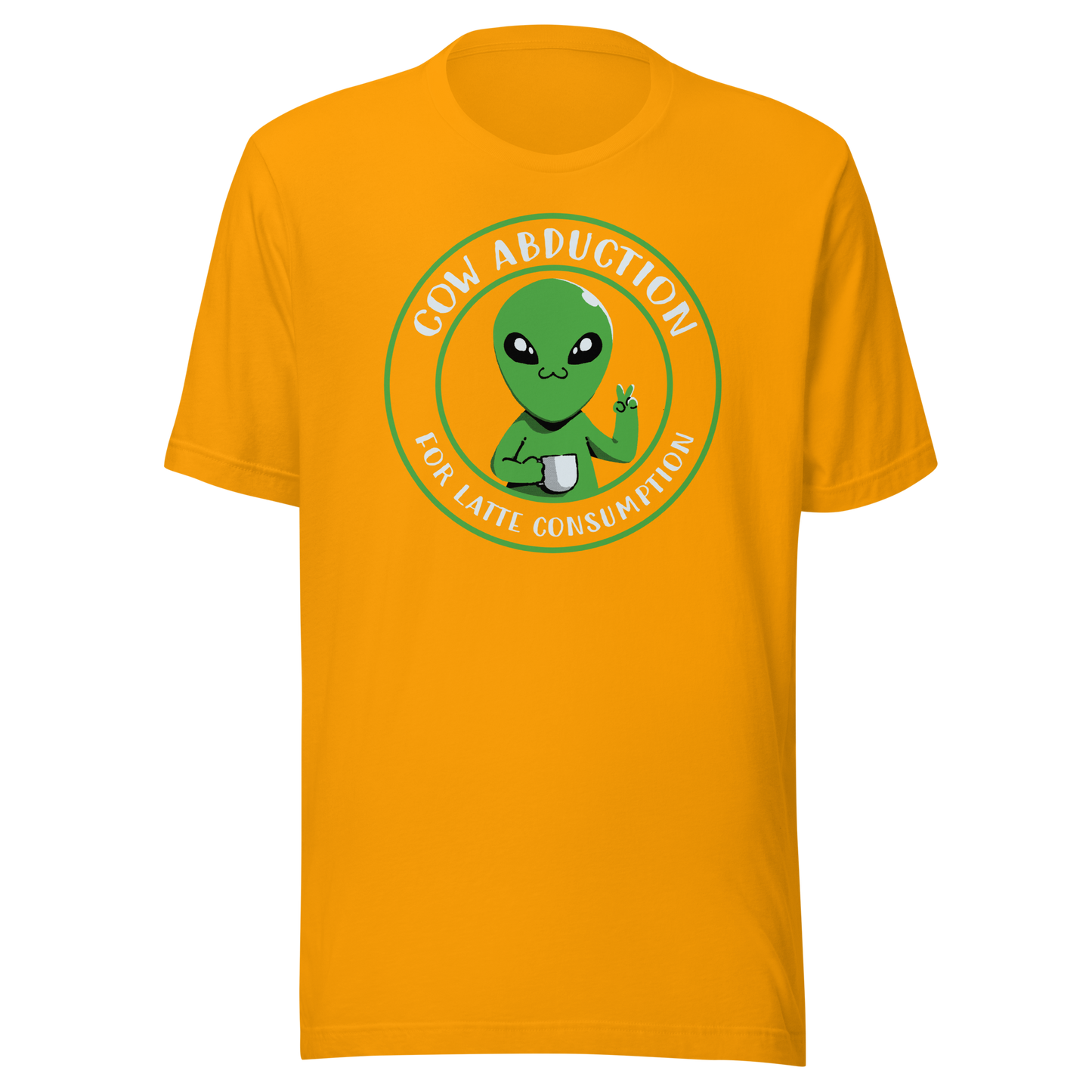 A cute alien holding a cup of coffee, paired with the phrase ‘Cow Abduction For Latte Consumption’. A playful and humorous design that mixes sci-fi vibes with coffee obsession. Perfect for coffee lovers, alien enthusiasts, and anyone who enjoys quirky, funny art with a cosmic twist.