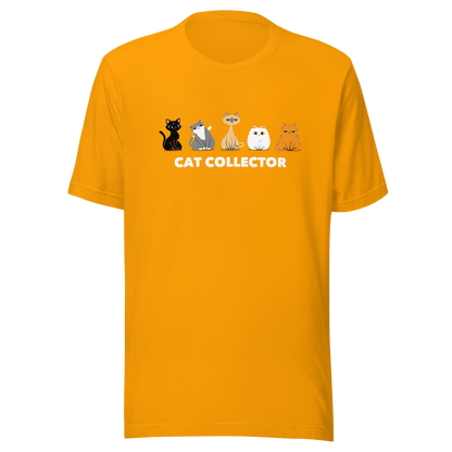 An adorable illustration featuring five kittens sitting side by side: a black kitten, a gray and white kitten, a Siamese, a fluffy white, and an orange cat. Below them, the phrase “Cat Collector” celebrates the joy of loving (and collecting) cats. A playful and charming design perfect for true cat lovers.
