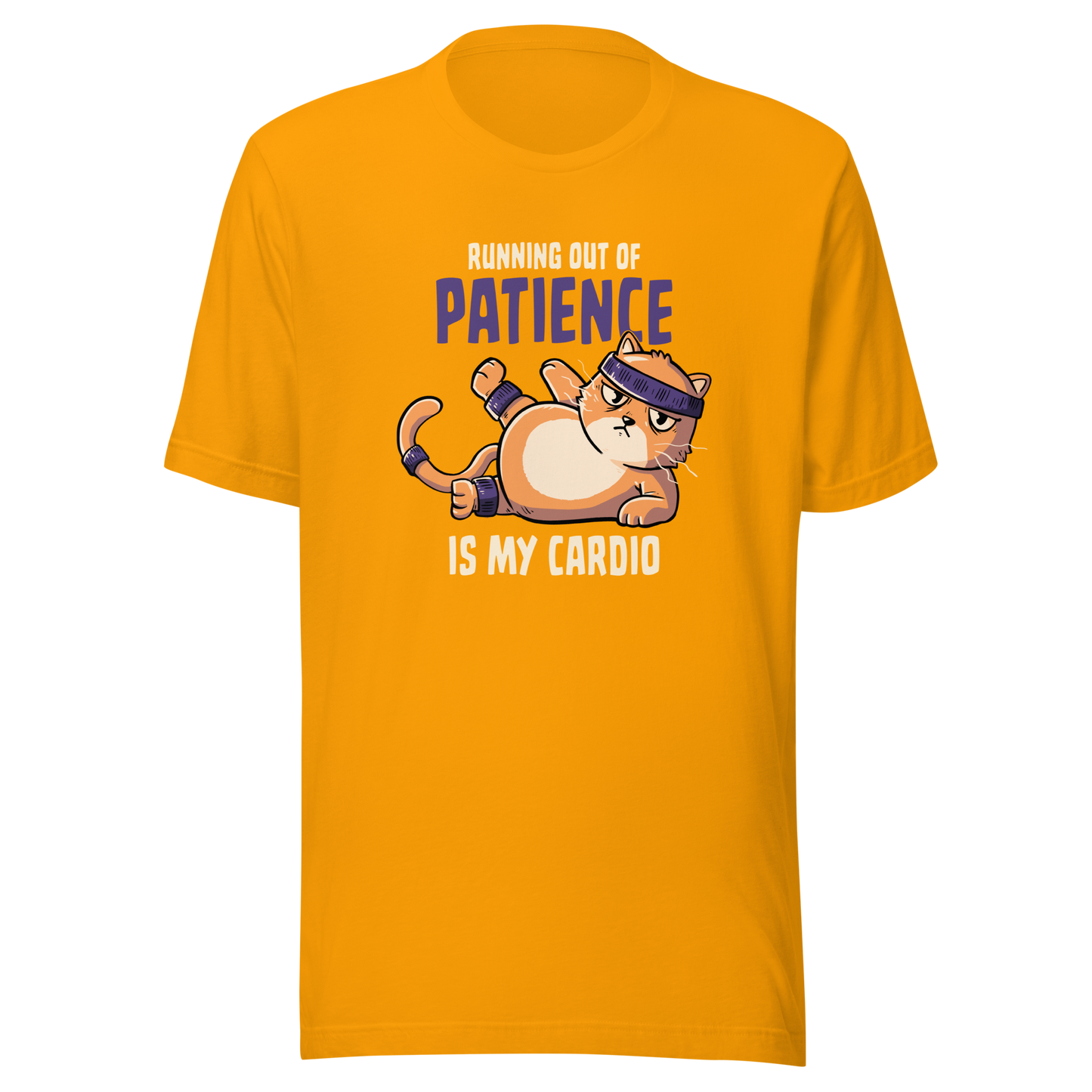 An orange kitten in gym clothes mid-aerobics, serving effort… and attitude. Paired with the phrase "Running Out Of Patience Is My Cardio", this funny cat design is perfect for anyone who considers sarcasm their main workout. A playful, relatable illustration for cat lovers, gym avoiders, and fans of witty humor.