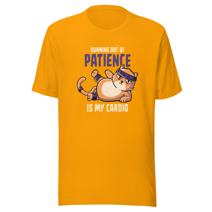 An orange kitten in gym clothes mid-aerobics, serving effort… and attitude. Paired with the phrase "Running Out Of Patience Is My Cardio", this funny cat design is perfect for anyone who considers sarcasm their main workout. A playful, relatable illustration for cat lovers, gym avoiders, and fans of witty humor.