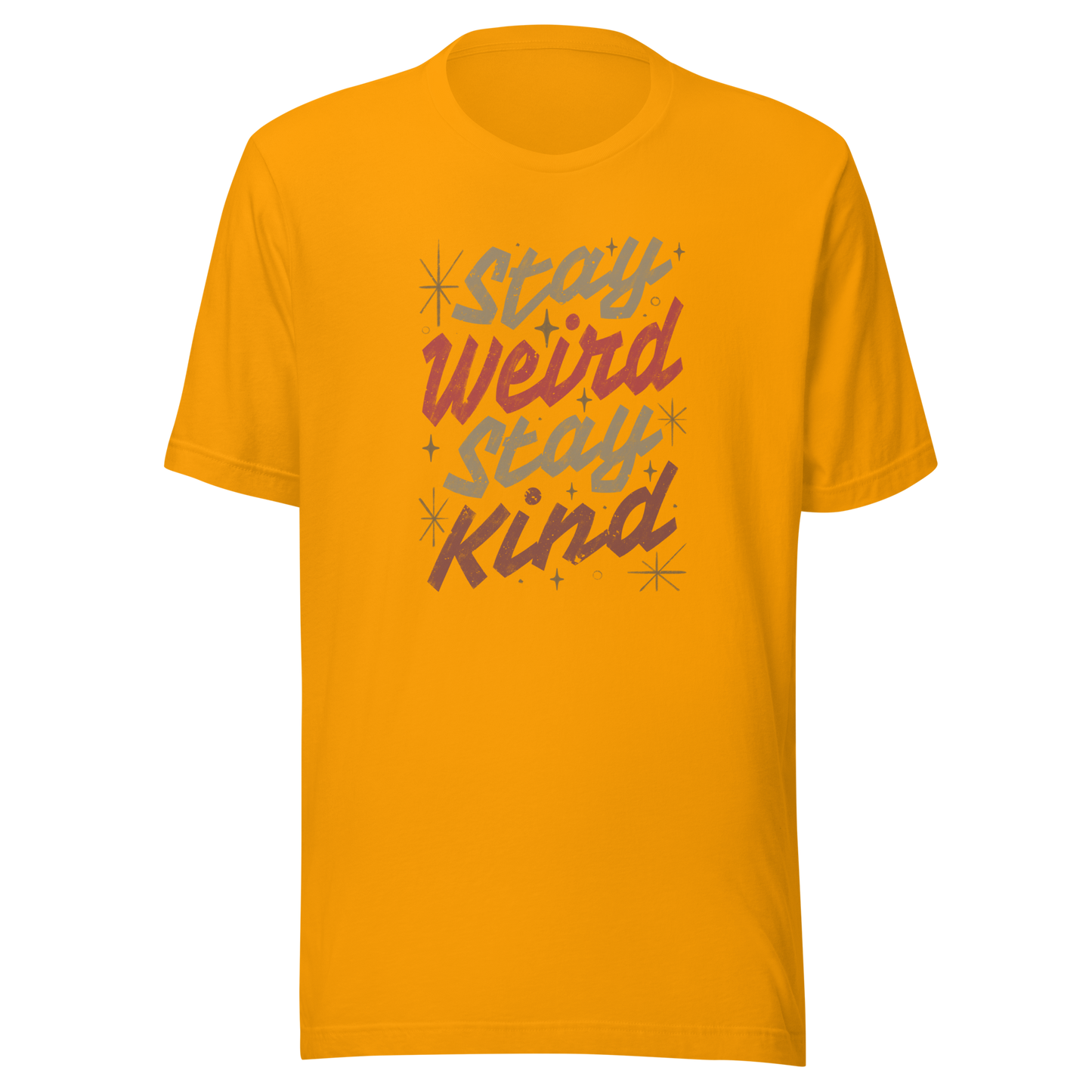 A bold typography design featuring the phrase “Stay Weird Stay Kind” in warm shades of brown and red. A simple yet striking piece that celebrates individuality and kindness with personality and charm.