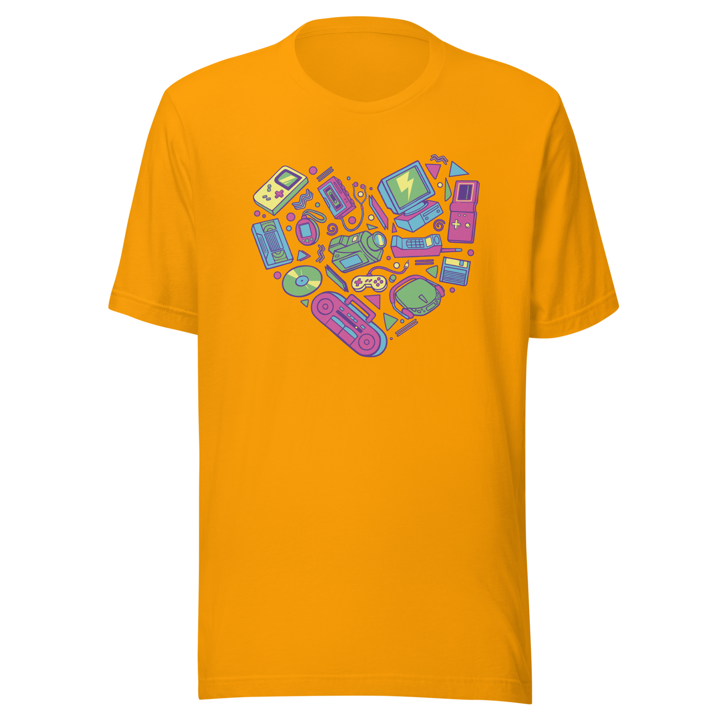 A heart made of iconic 90s electronics like computers, Walkmans, telephones, video game consoles, and Discmen, all in vibrant neon colours. A bold, nostalgic artwork perfect for anyone who loves retro tech and 90s vibes.