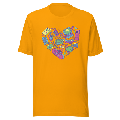 A heart made of iconic 90s electronics like computers, Walkmans, telephones, video game consoles, and Discmen, all in vibrant neon colours. A bold, nostalgic artwork perfect for anyone who loves retro tech and 90s vibes.