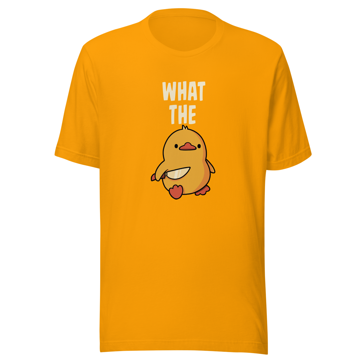 A cute yellow duck holding a small knife, with “What The” above it, completed by the duck below to read “What The Duck”. A playful mix of sweet and chaotic humor.