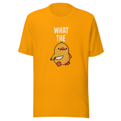 A cute yellow duck holding a small knife, with “What The” above it, completed by the duck below to read “What The Duck”. A playful mix of sweet and chaotic humor.