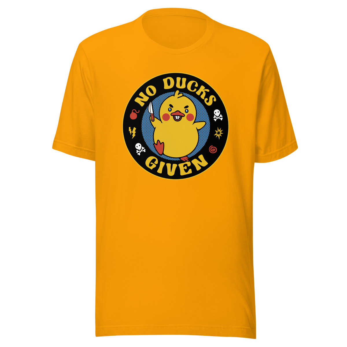 A cute yellow duck holding a small knife, around it the text "No Ducks Given". An art that mixes humor with the temperament of ducks.