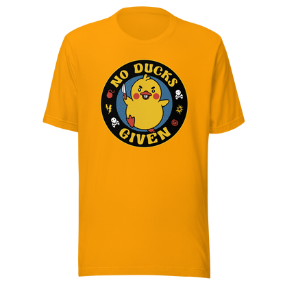 A cute yellow duck holding a small knife, around it the text "No Ducks Given". An art that mixes humor with the temperament of ducks.