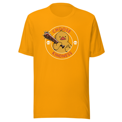 A tough-looking duck holds a spiked bat labeled “Kindness”, giving a thumbs up while surrounded by the phrase “Choose Kindness”. This bold design delivers a chaotic yet wholesome message: choose kindness — or else. Ideal for fans of dark humor, ducks with attitude, and ironic motivational vibes.
