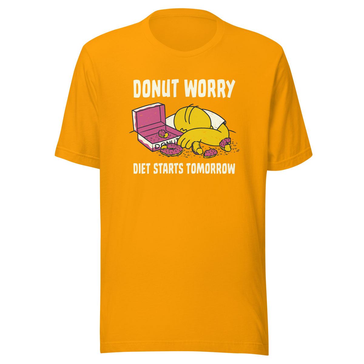A playful design featuring a sleepy yellow cartoon character next to an open box of donuts, surrounded by crumbs and icing, with the phrase “Donut Worry Diet Starts Tomorrow”. Sweet, relatable and full of humor, it’s the perfect gift for donut lovers and anyone who believes diets can always start tomorrow.
