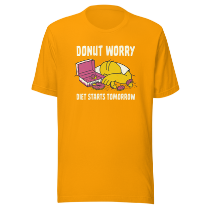 A playful design featuring a sleepy yellow cartoon character next to an open box of donuts, surrounded by crumbs and icing, with the phrase “Donut Worry Diet Starts Tomorrow”. Sweet, relatable and full of humor, it’s the perfect gift for donut lovers and anyone who believes diets can always start tomorrow.