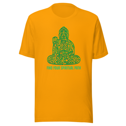 A garden maze shaped like a meditating Buddha, accompanied by the phrase ‘Find Your Spiritual Path’. This symbolic design represents the journey of overcoming life’s challenges and searching for inner balance. A thoughtful artwork for people interested in spirituality, mindfulness, and personal growth.