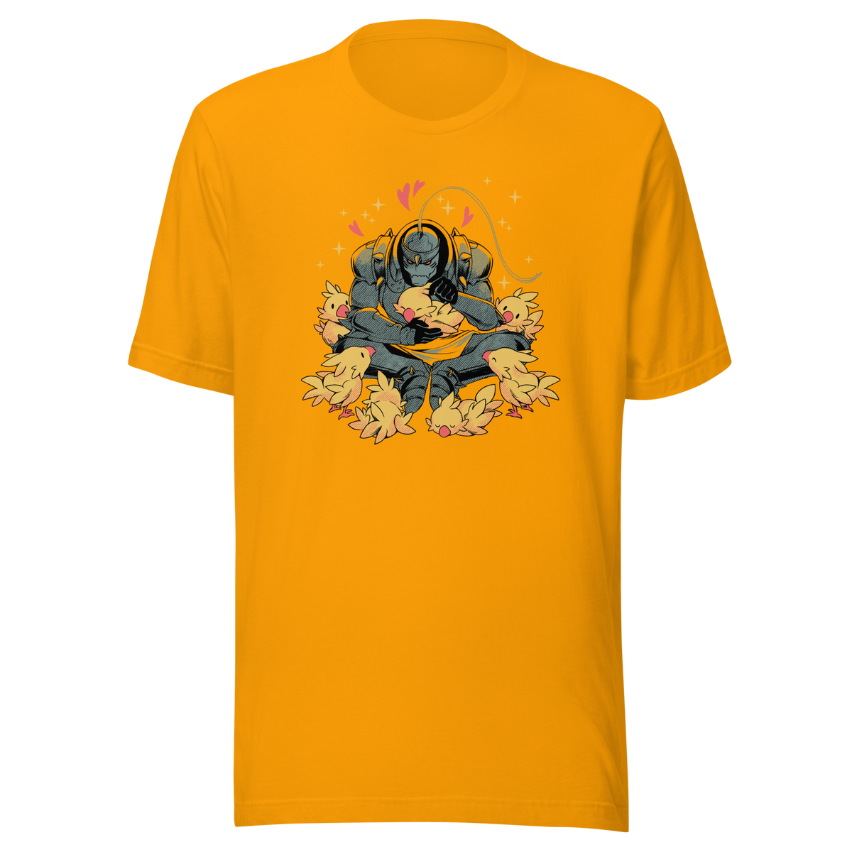 A dark armored warrior sits cross-legged, gently cuddling a group of fluffy yellow birds. Pink hearts and golden sparkles surround the unlikely duo, creating a humorous contrast between a fierce appearance and a tender, affectionate side.