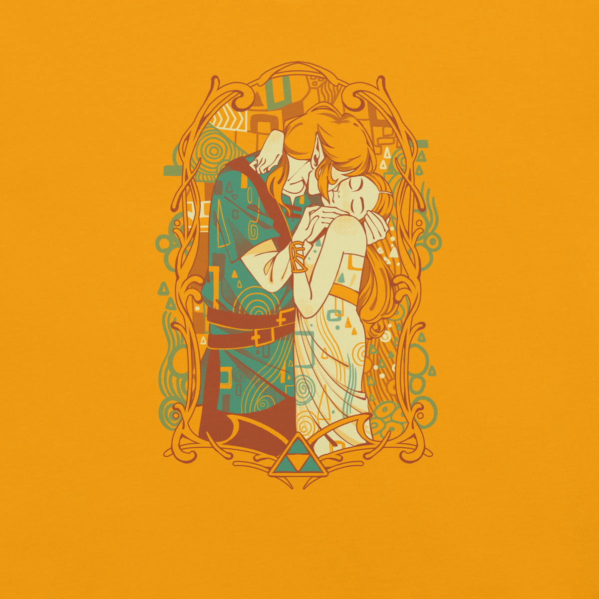A fantasy illustration of a blond-haired elf embracing a girl with long hair, planting a gentle kiss on her cheek. A golden frame surrounds them, featuring various details in green, white, and brown, set against a yellow background.
