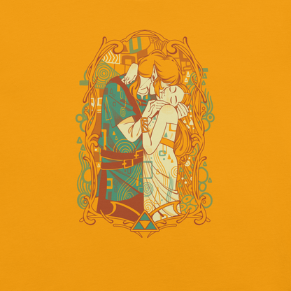 A fantasy illustration of a blond-haired elf embracing a girl with long hair, planting a gentle kiss on her cheek. A golden frame surrounds them, featuring various details in green, white, and brown, set against a yellow background.