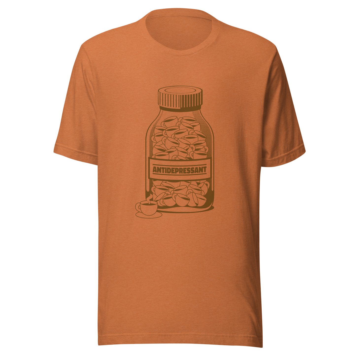 A medicine bottle filled with small coffee cups, labeled ‘antidepressant’. A playful, humorous design that celebrates coffee as a daily mood booster, perfect for coffee lovers who rely on caffeine to feel happier.