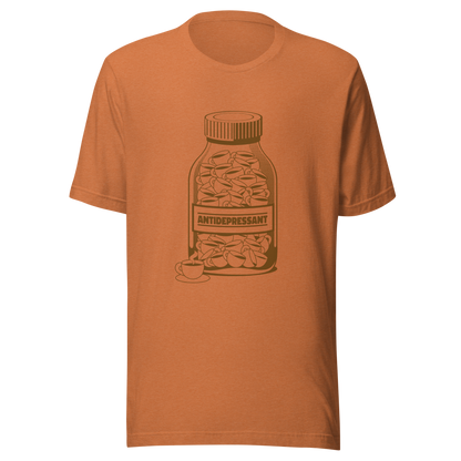 A medicine bottle filled with small coffee cups, labeled ‘antidepressant’. A playful, humorous design that celebrates coffee as a daily mood booster, perfect for coffee lovers who rely on caffeine to feel happier.