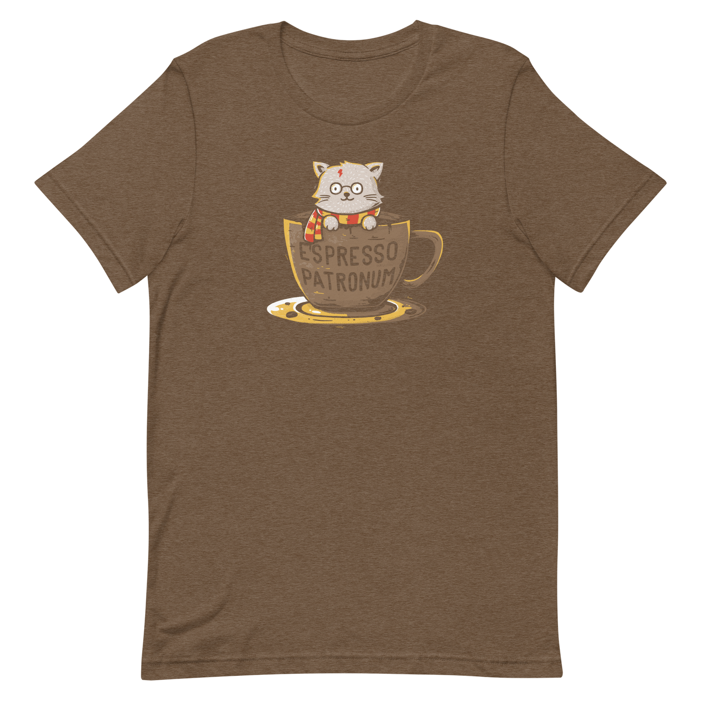 This design features an adorable cartoon cat with glasses and a lightning-shaped scar, wearing a striped scarf, sitting inside a large coffee cup. The cup has the humorous phrase 'Espresso Patronum' printed on it. The overall style is whimsical and playful, blending cute and nerdy elements. The cat appears to be a parody of a popular fictional character associated with magic and wizardry.
