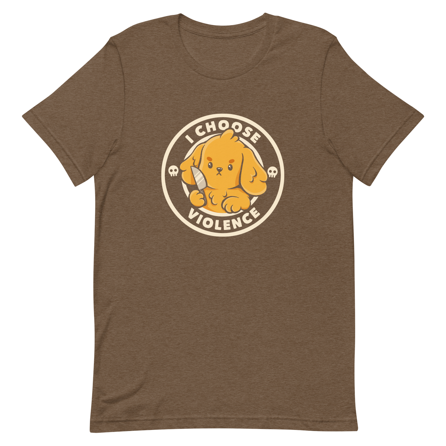 A cute yellow cartoon dog holds a small knife, surrounded by a circular logo that reads 'I Choose Violence'. The dog's expression is serious, yet the overall style is playful and cute. Two small skull icons are on either side, adding an ironic tone to the cheerful design.